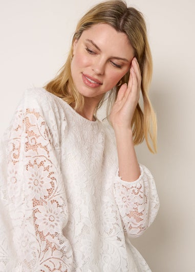 Blue Vanilla Ivory Lace Puffball Batwing Top