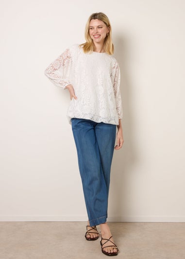 Blue Vanilla Ivory Lace Puffball Batwing Top