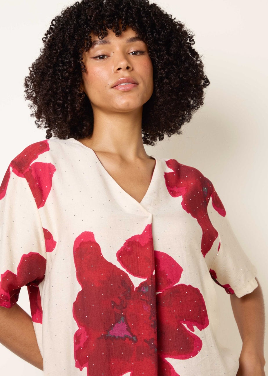 Blue Vanilla Red Floral Print Diamante Detailed Dress