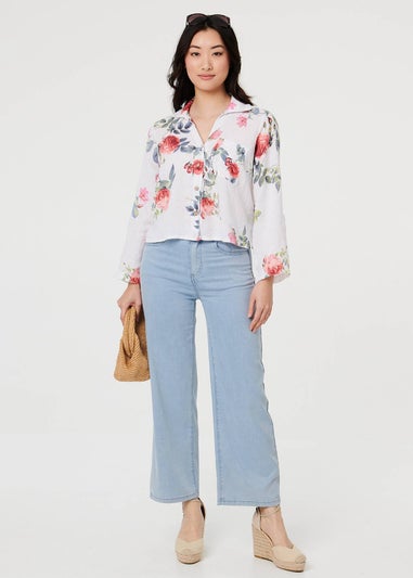 Izabel London White Floral 3/4 Turn-Up Sleeve Cropped Shirt