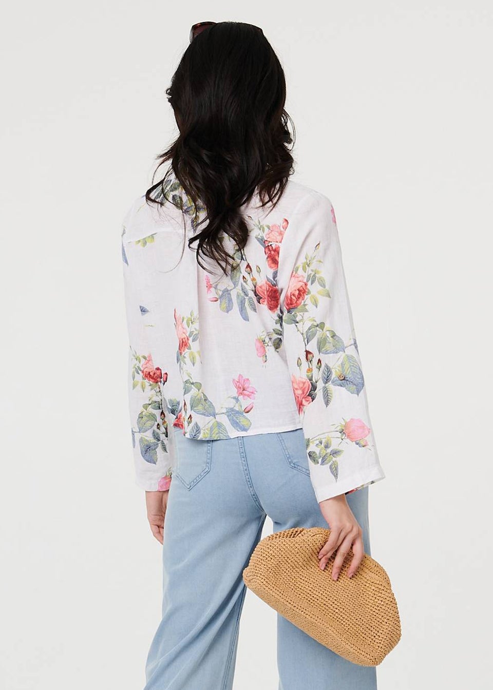 Izabel London White Floral 3/4 Turn-Up Sleeve Cropped Shirt