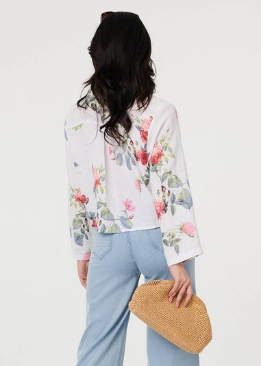 Izabel London White Floral 3/4 Turn-Up Sleeve Cropped Shirt