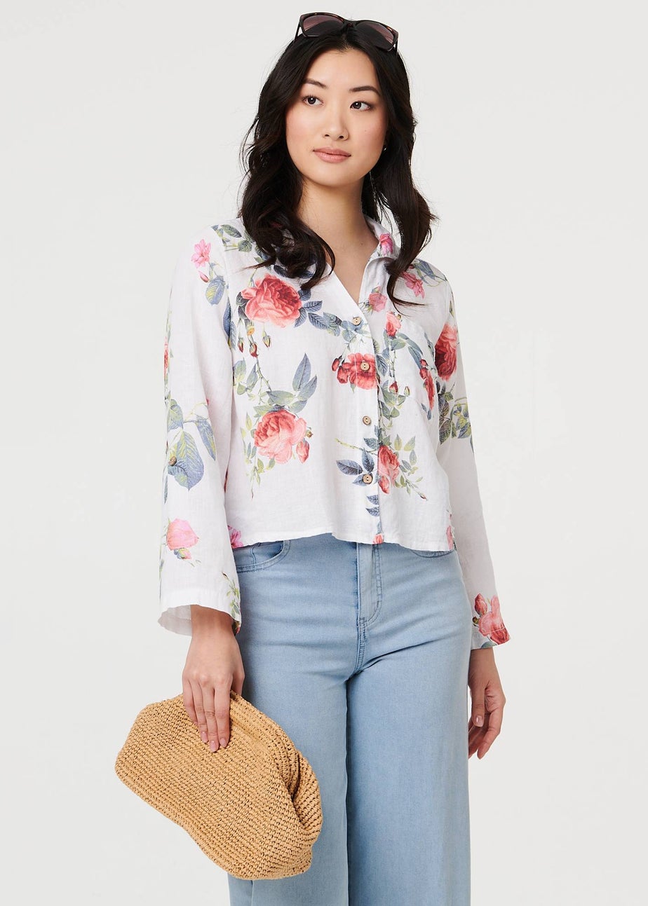 Izabel London White Floral 3/4 Turn-Up Sleeve Cropped Shirt