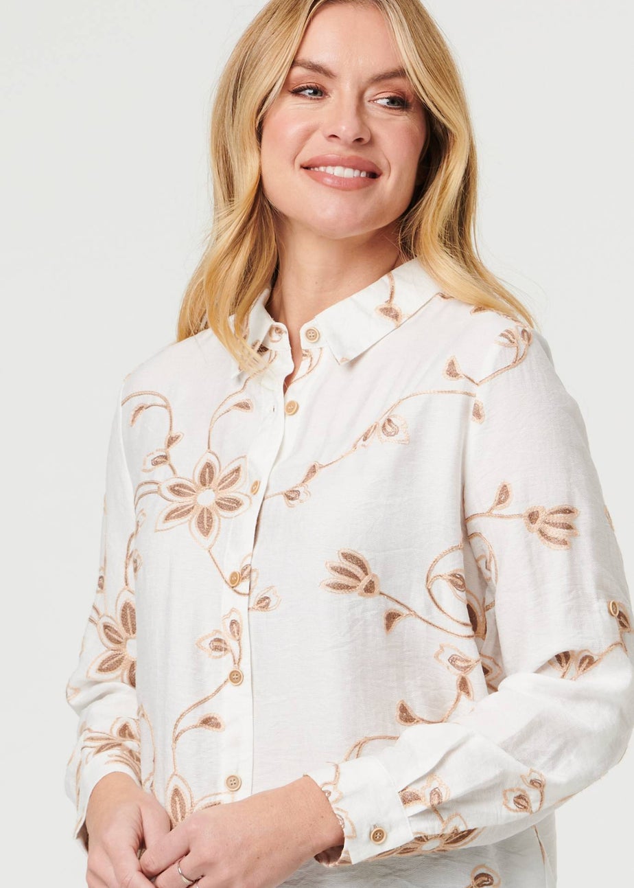 Izabel London White Floral Textured Long Sleeve Shirt