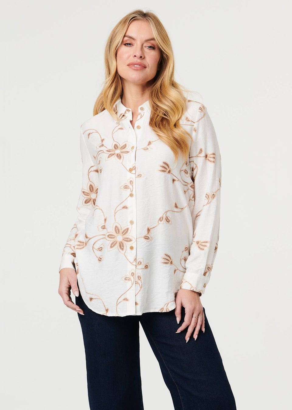 Izabel London White Floral Textured Long Sleeve Shirt