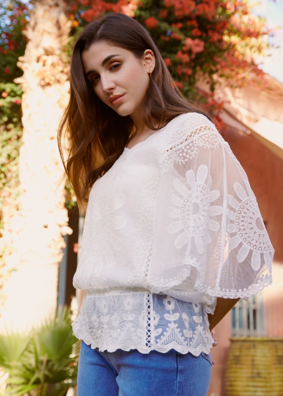 Blue Vanilla Ivory Sun Flower Lace Sleeve Blouse