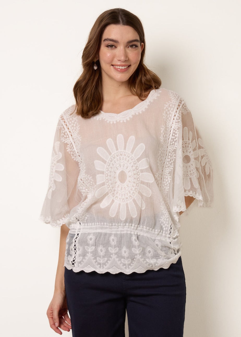 Blue Vanilla Ivory Sun Flower Lace Sleeve Blouse