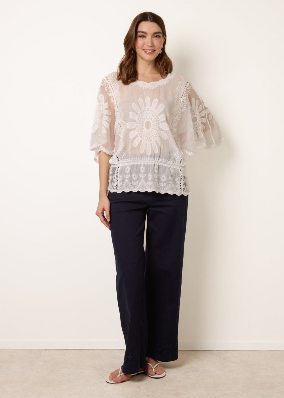 Blue Vanilla Ivory Sun Flower Lace Sleeve Blouse