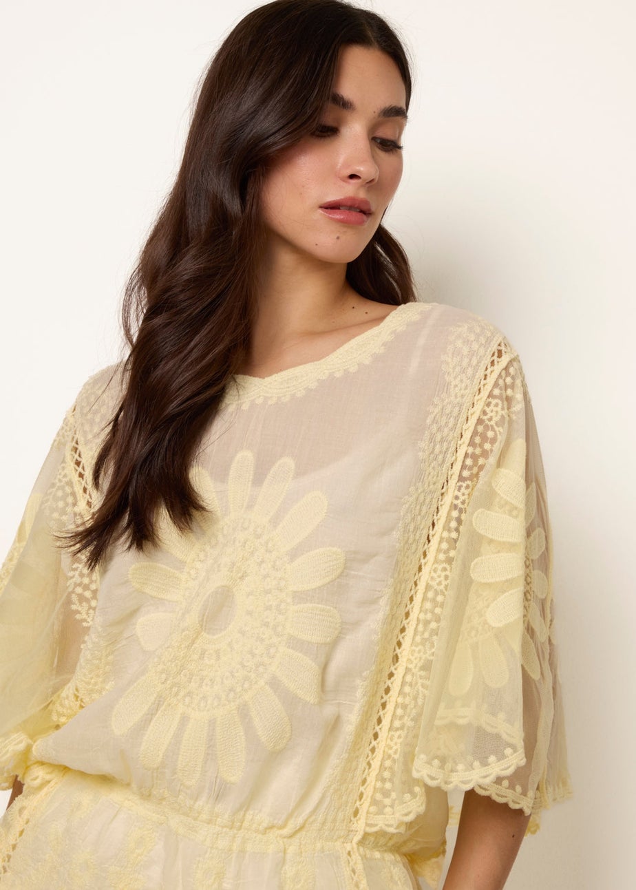 Blue Vanilla Yellow Sun Flower Lace Sleeve Blouse