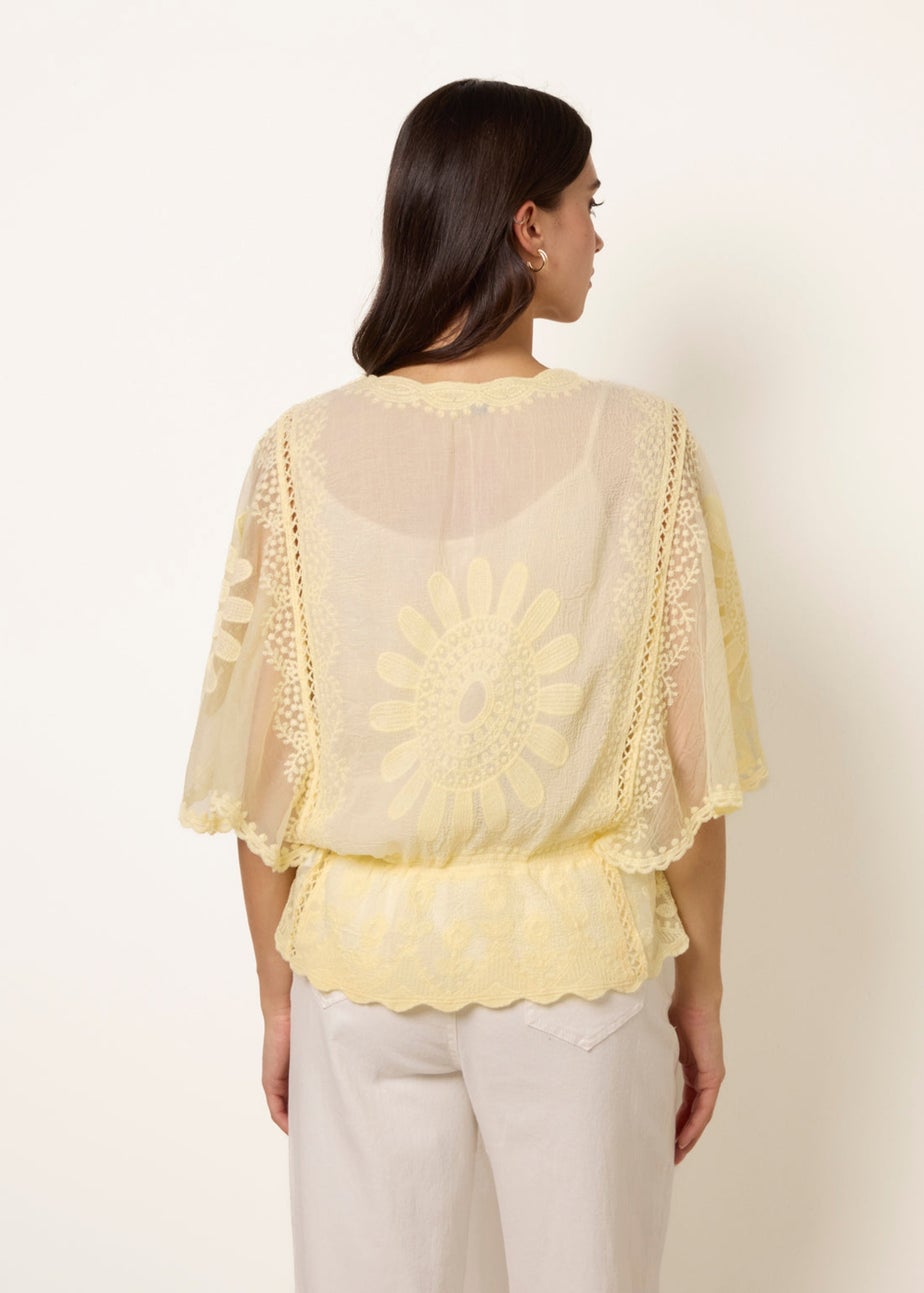 Blue Vanilla Yellow Sun Flower Lace Sleeve Blouse
