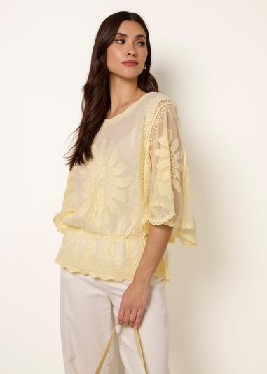 Blue Vanilla Yellow Sun Flower Lace Sleeve Blouse
