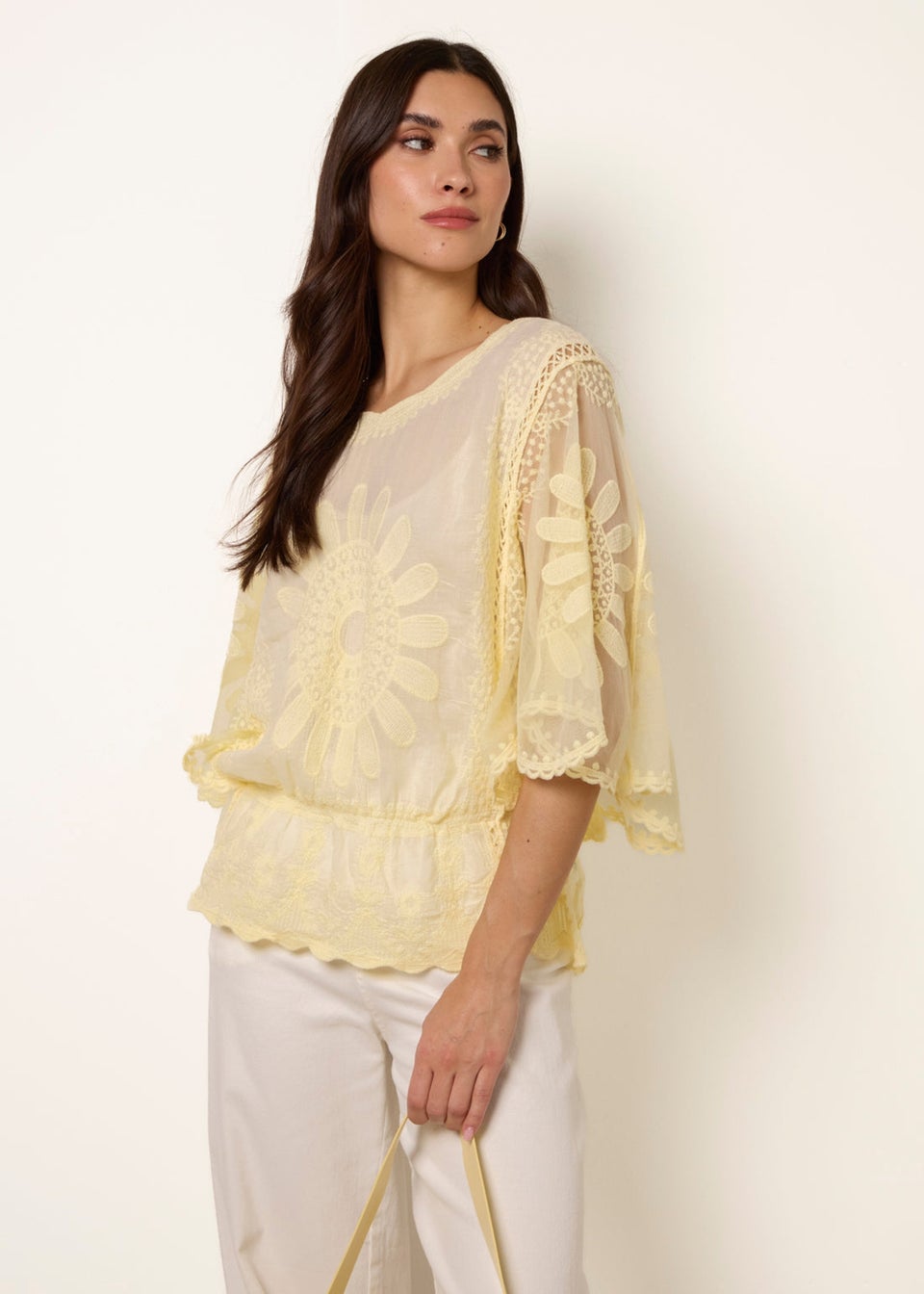 Blue Vanilla Yellow Sun Flower Lace Sleeve Blouse
