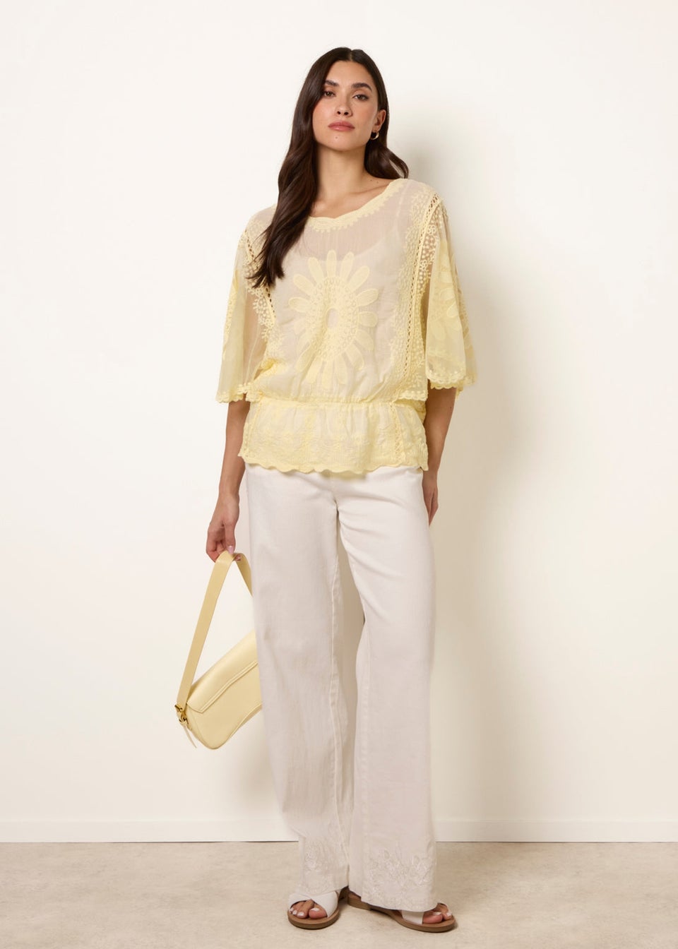 Blue Vanilla Yellow Sun Flower Lace Sleeve Blouse