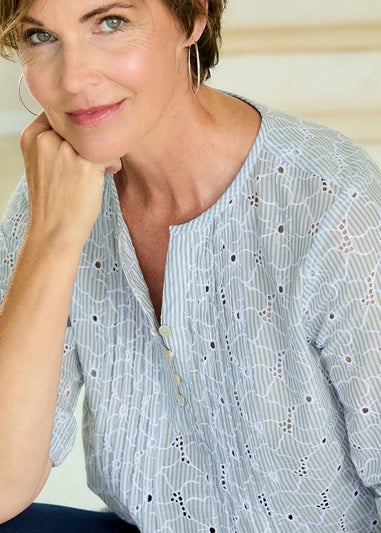 Cotton Traders Washed Blue Embroidered Pintuck Blouse