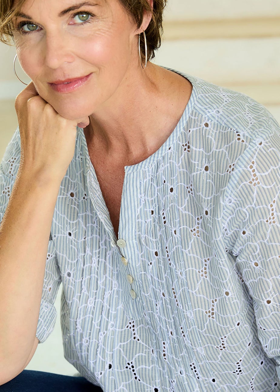 Cotton Traders Washed Blue Embroidered Pintuck Blouse