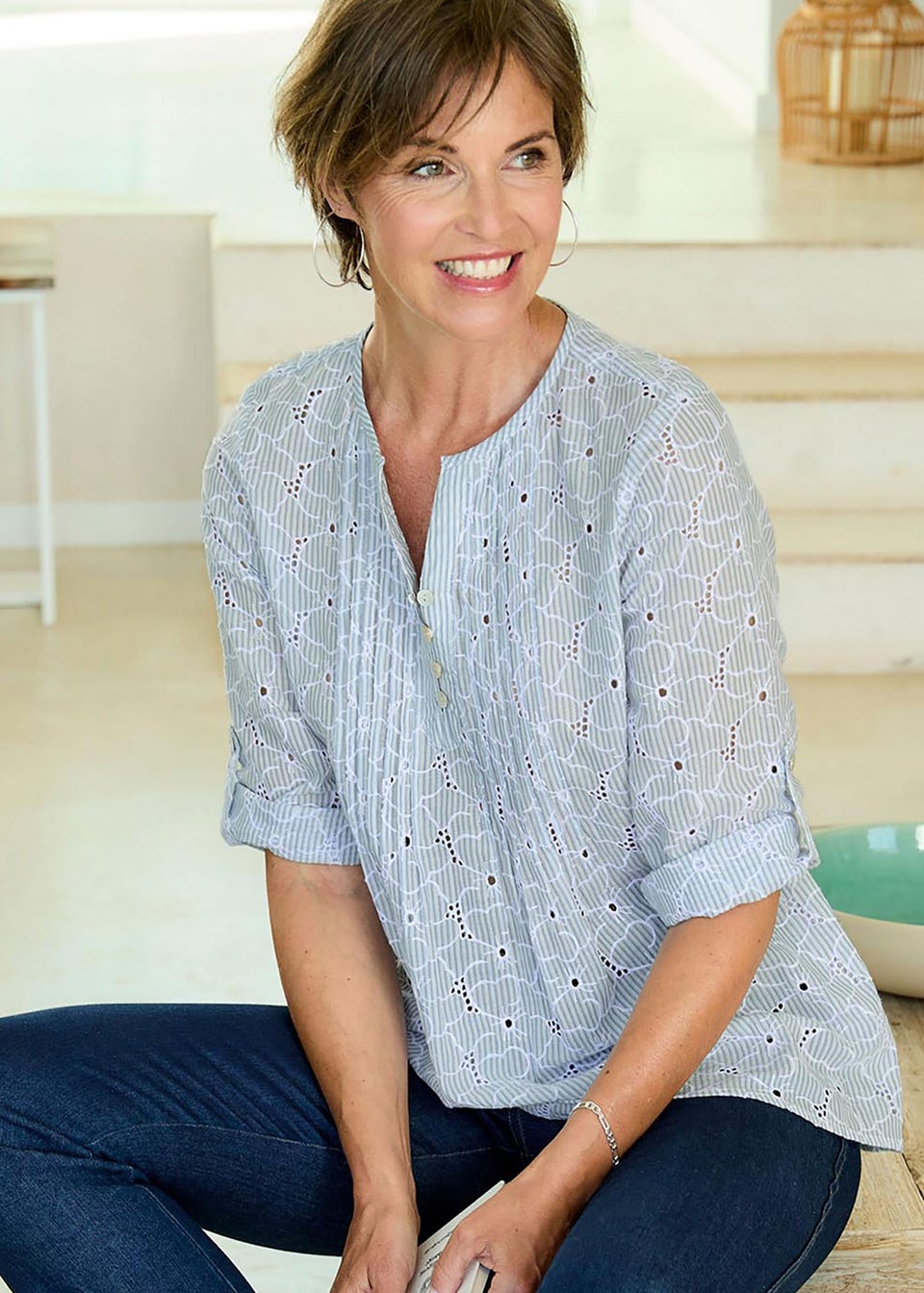 Cotton Traders Washed Blue Embroidered Pintuck Blouse