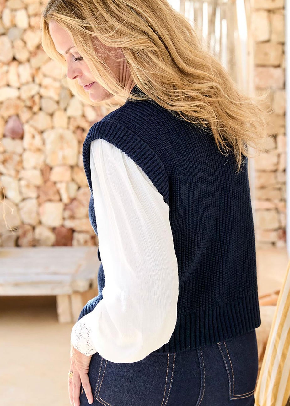 Cotton Traders Navy Tie Front Knitted Waistcoat