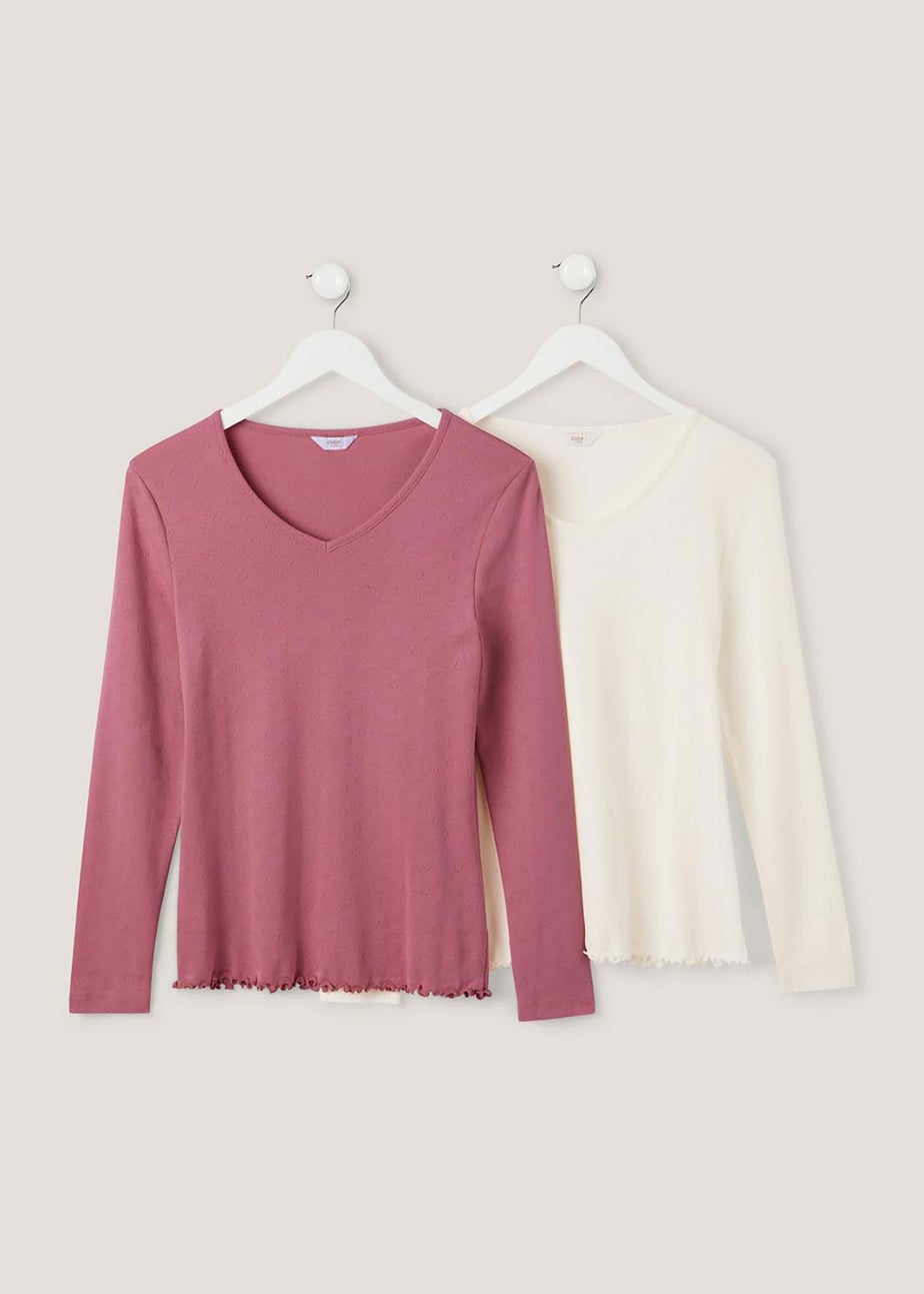 Cotton Traders Multi 2 Pack Long Sleeve Pointelle V Neck Tops