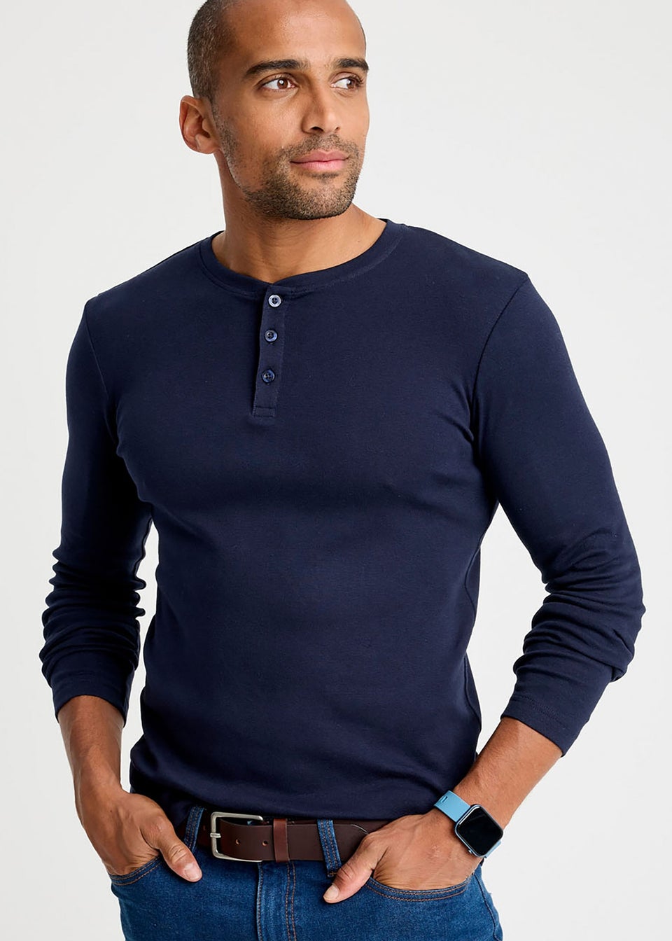 Cotton Traders Navy Long Sleeve Grandad Base Layer Top