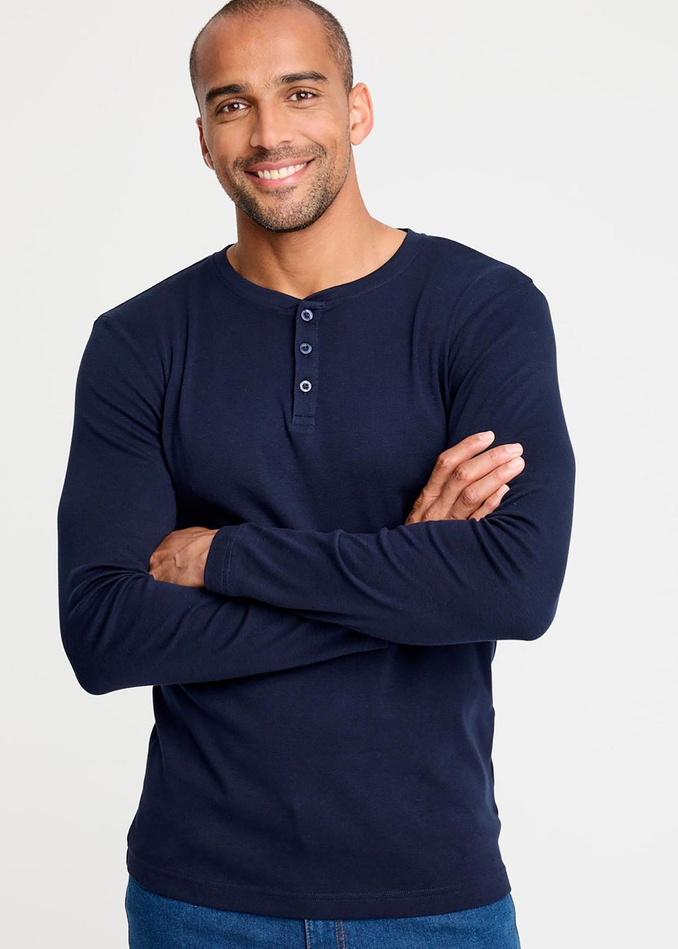 Cotton Traders Navy Long Sleeve Grandad Base Layer Top