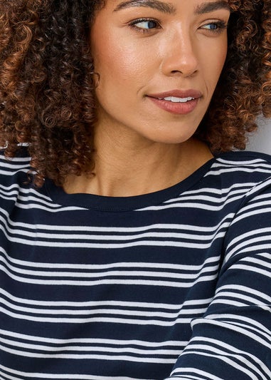 Cotton Traders Navy Wrinkle Free 3/4 Sleeve Boat Neck Stripe Top