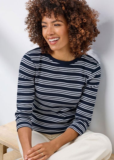 Cotton Traders Navy Wrinkle Free 3/4 Sleeve Boat Neck Stripe Top