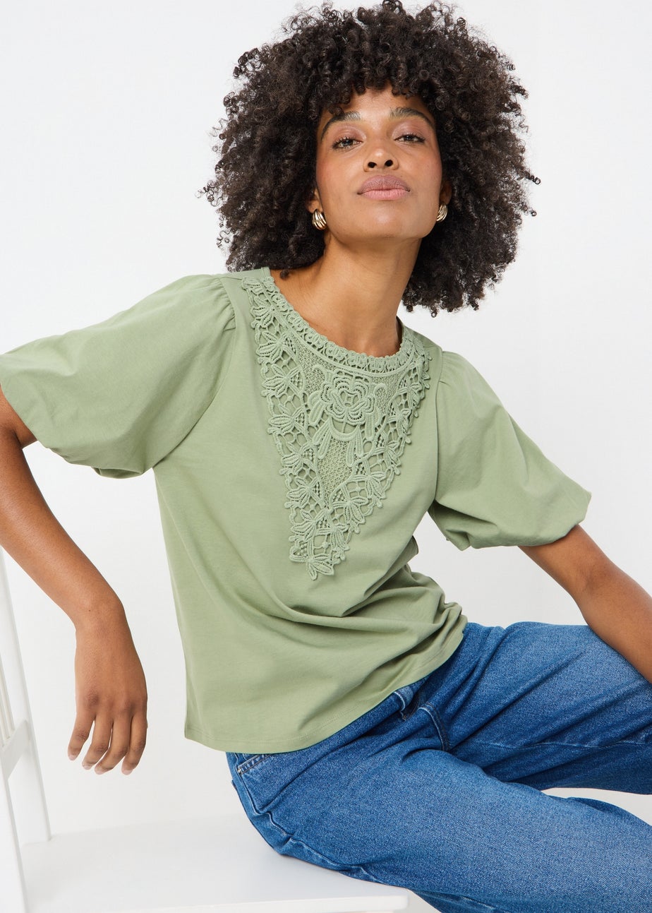 Olive Crochet Puff Sleeve Top