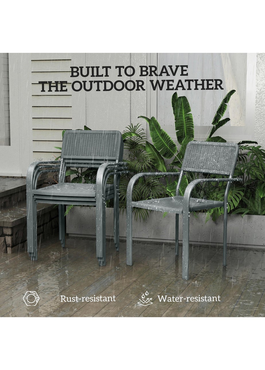 Outsunny Light Grey Garden Chairs Set of 4, Stackable & Rattan Effect