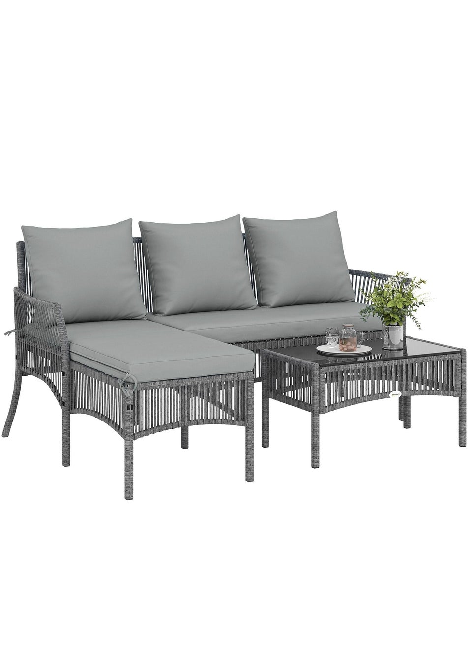 Outsunny Dark Grey 3 Piece Rattan Garden Furniture Set with Cushions