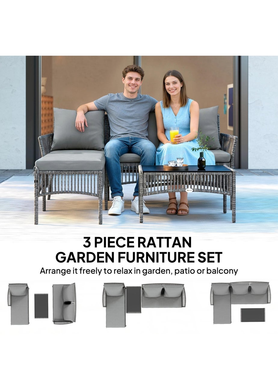 Outsunny Dark Grey 3 Piece Rattan Garden Furniture Set with Cushions