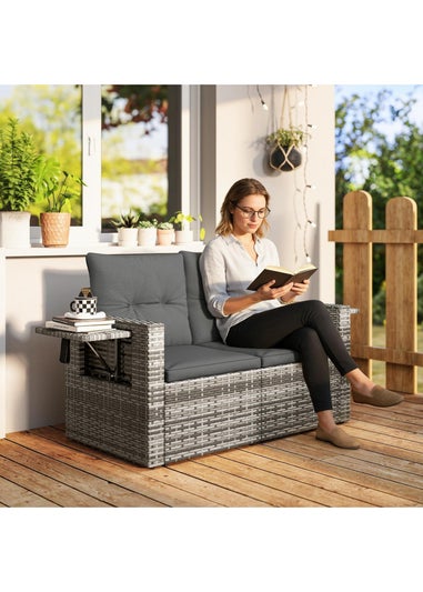 Outsunny Dark Grey Rattan Garden Sofa with Hidden Side Trays 2 Seater