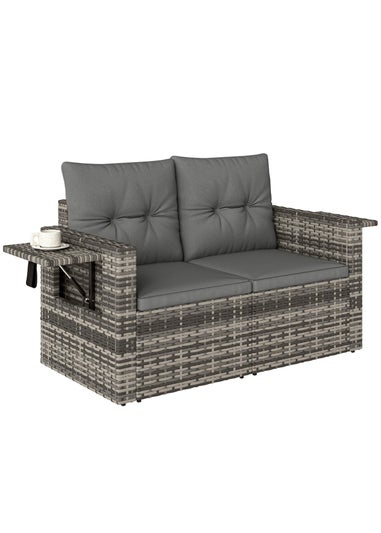 Outsunny Dark Grey Rattan Garden Sofa with Hidden Side Trays 2 Seater
