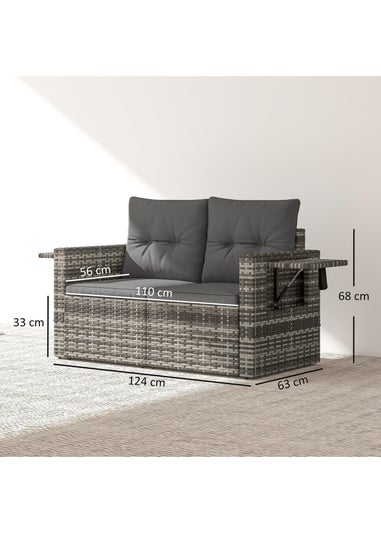 Outsunny Dark Grey Rattan Garden Sofa with Hidden Side Trays 2 Seater