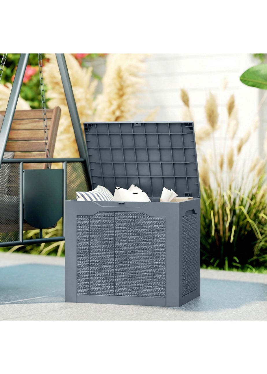 Outsunny Grey Plastic Garden Storage Box, Storage Container w/ Handles, 93L