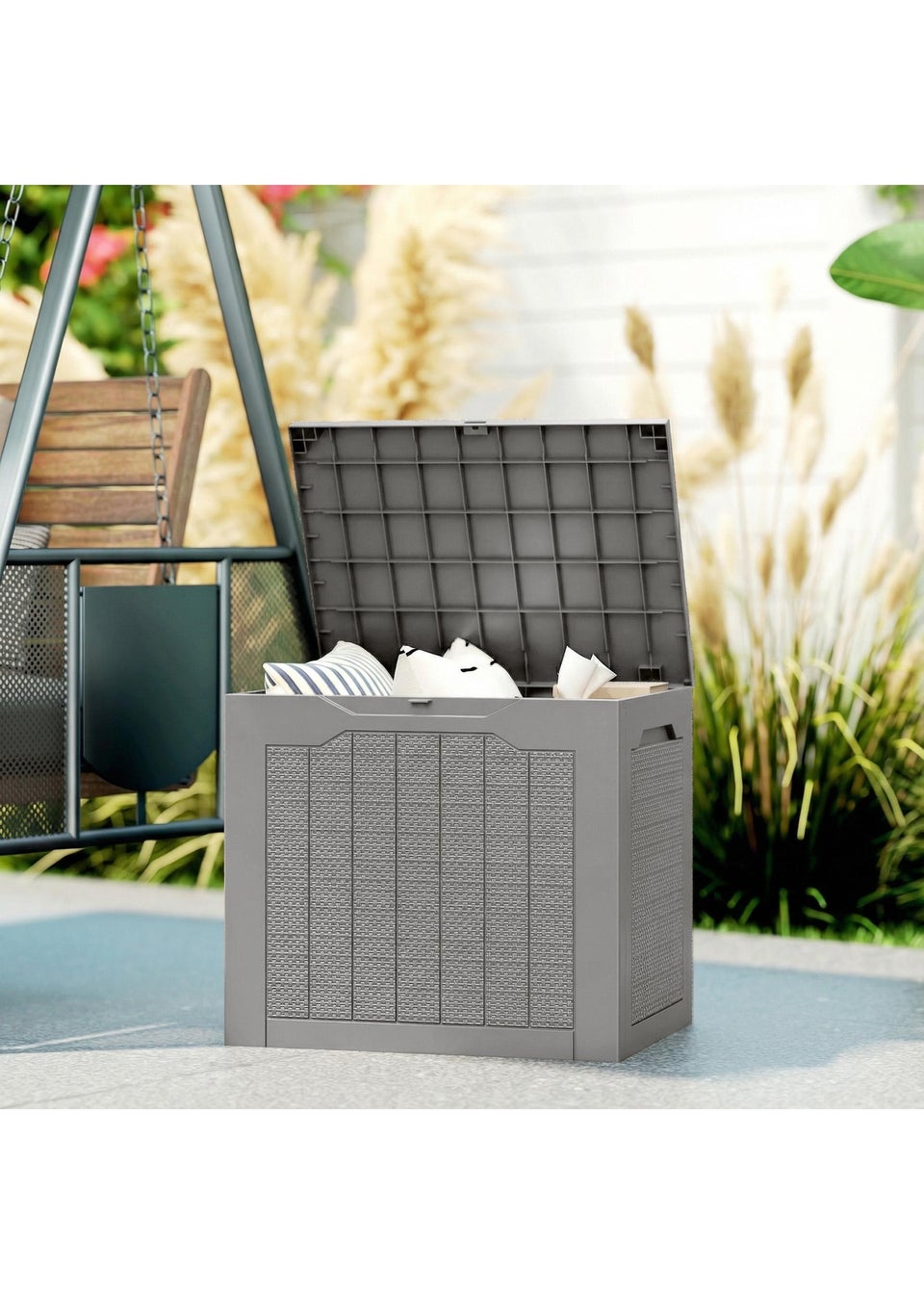 Outsunny Khaki Plastic Garden Storage Box, Storage Container w/ Handles 93L