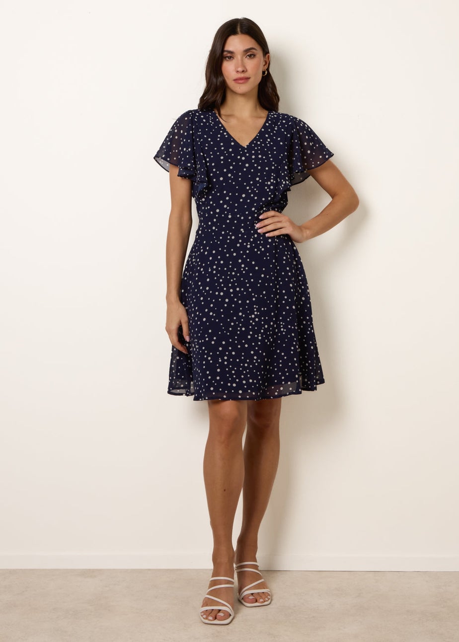 Blue Vanilla Navy Polka Dot V Neck Tie Back Mini Dress