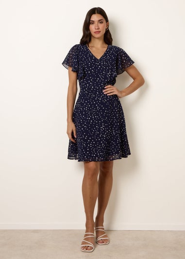 Blue Vanilla Navy Polka Dot V Neck Tie Back Mini Dress