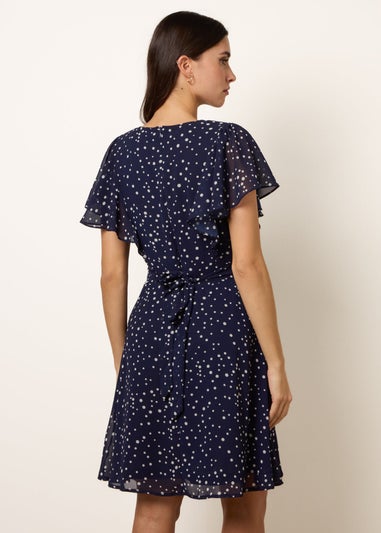 Blue Vanilla Navy Polka Dot V Neck Tie Back Mini Dress