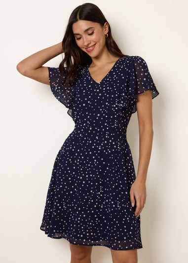 Blue Vanilla Navy Polka Dot V Neck Tie Back Mini Dress