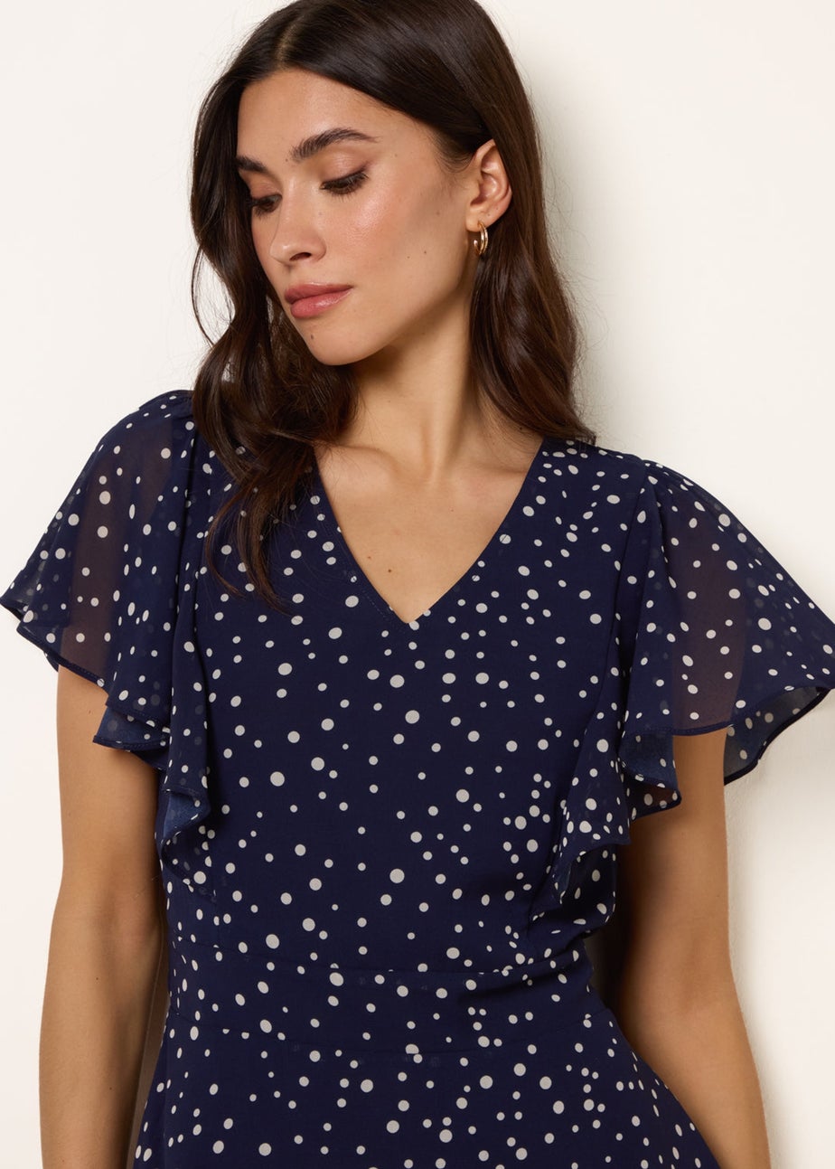 Blue Vanilla Navy Polka Dot V Neck Tie Back Mini Dress
