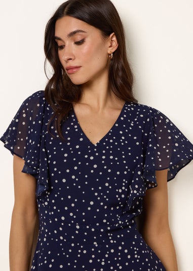 Blue Vanilla Navy Polka Dot V Neck Tie Back Mini Dress