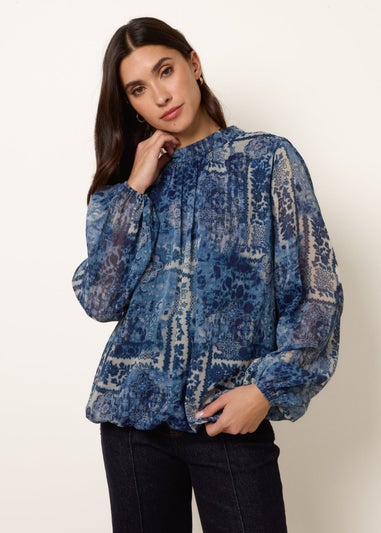 Blue Vanilla Navy High Neck Paisley Print Puffball Top