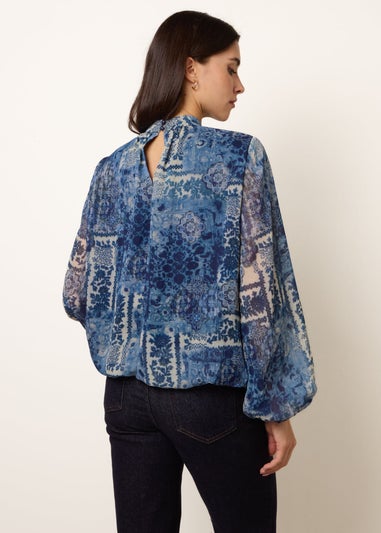 Blue Vanilla Navy High Neck Paisley Print Puffball Top