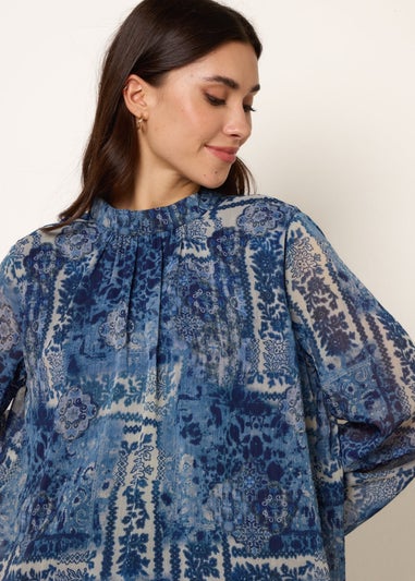 Blue Vanilla Navy High Neck Paisley Print Puffball Top