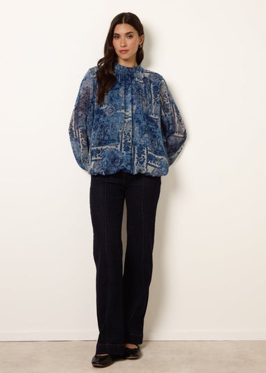 Blue Vanilla Navy High Neck Paisley Print Puffball Top