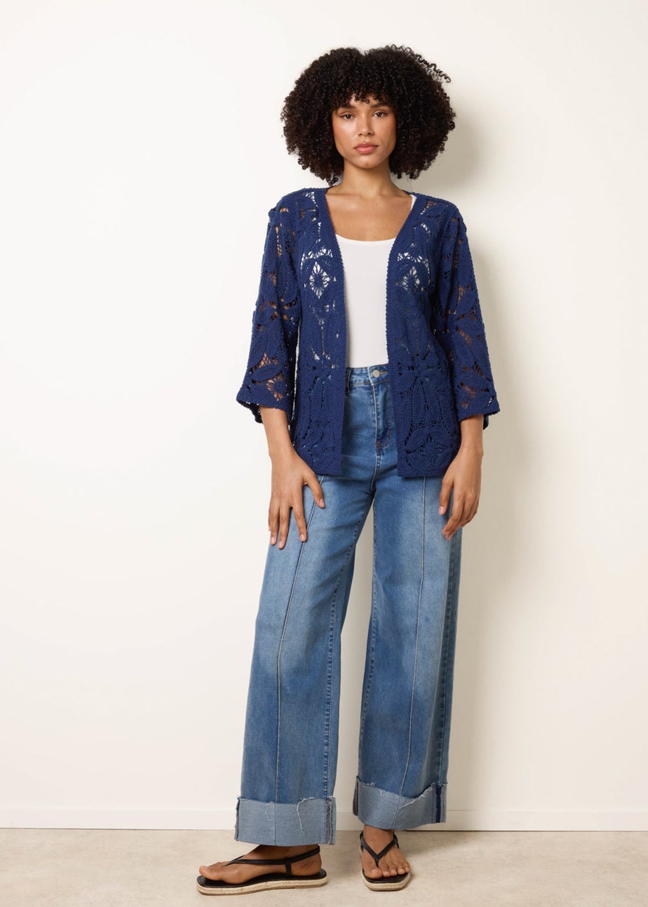 Blue Vanilla Navy Crochet Tie Front Cardigan