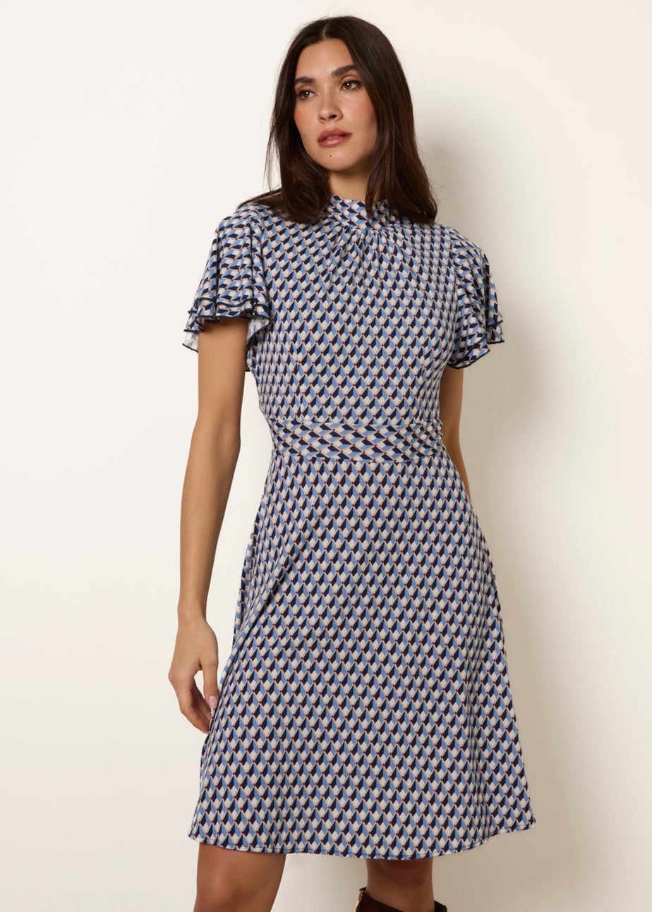 Blue Vanilla Multi High Neck Angel Sleeve Mini Dress