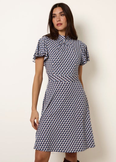 Blue Vanilla Multi High Neck Angel Sleeve Mini Dress