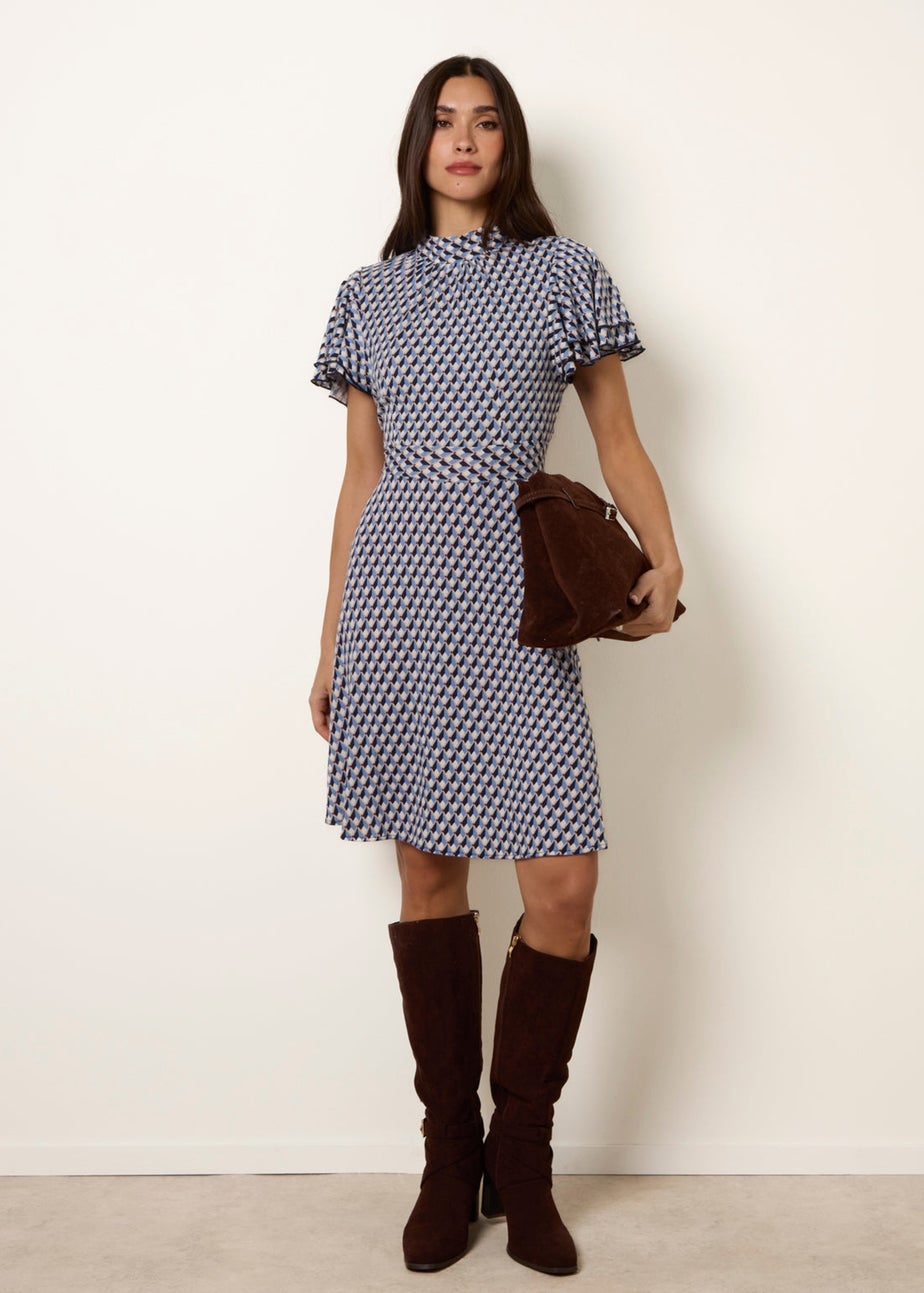 Blue Vanilla Multi High Neck Angel Sleeve Mini Dress