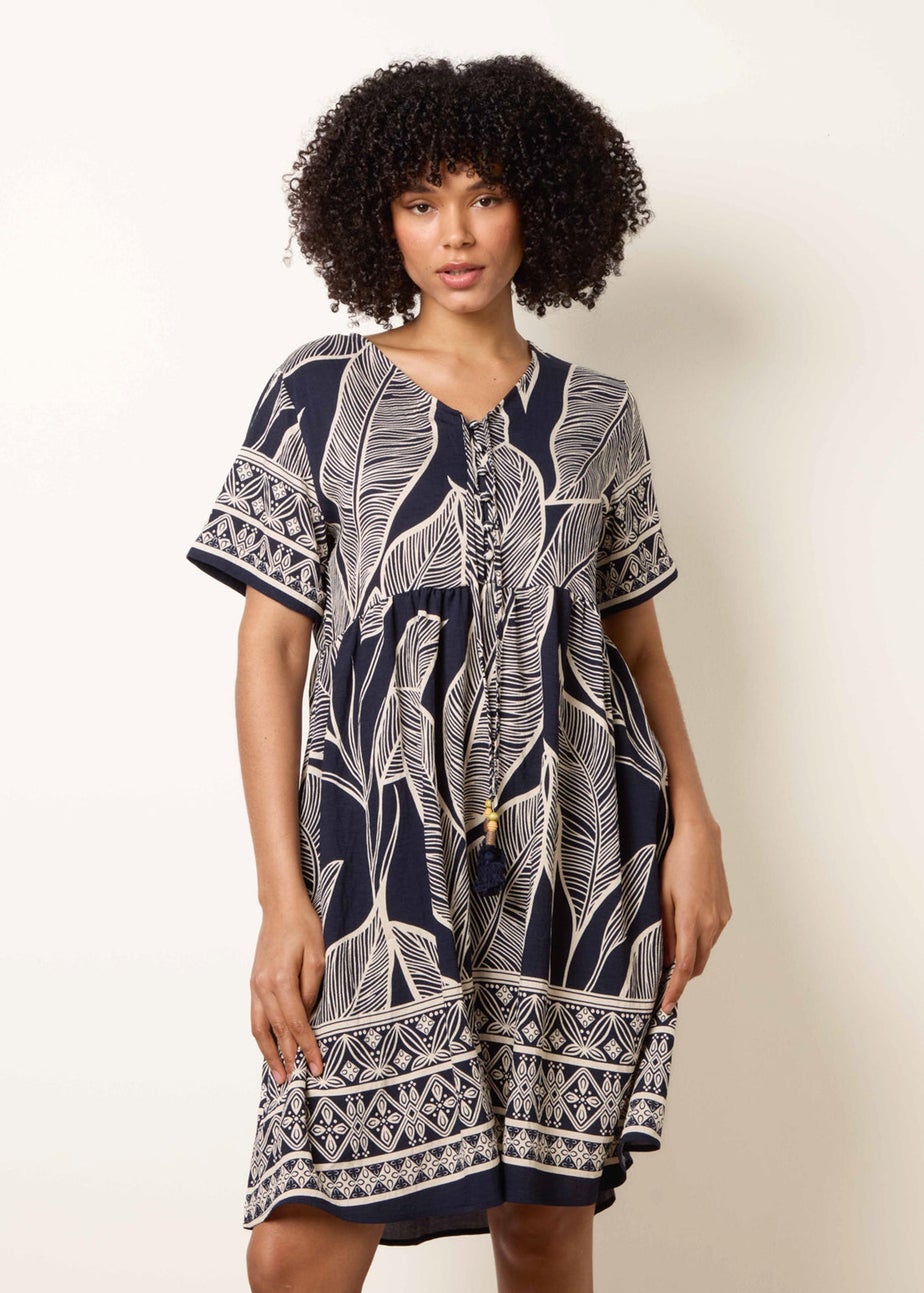 Blue Vanilla Navy Dress With Tropical Leaf Print